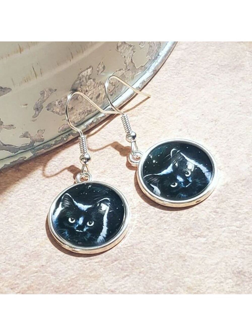 Black Cat Night Sky Silver Plated Glass Cabochon Kitty Kitten Dangle Earrings - Picture 4 of 6